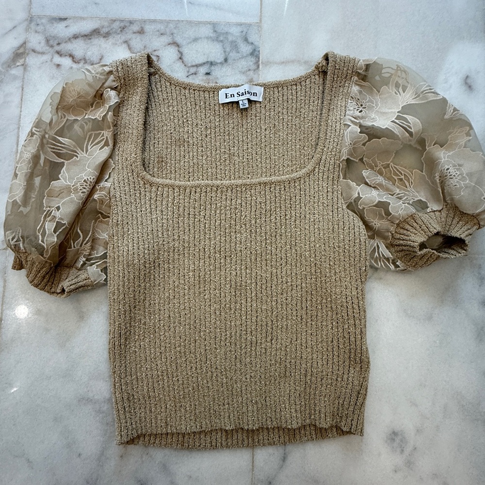 En Saison Beige Knit Top with Lace Sleeves